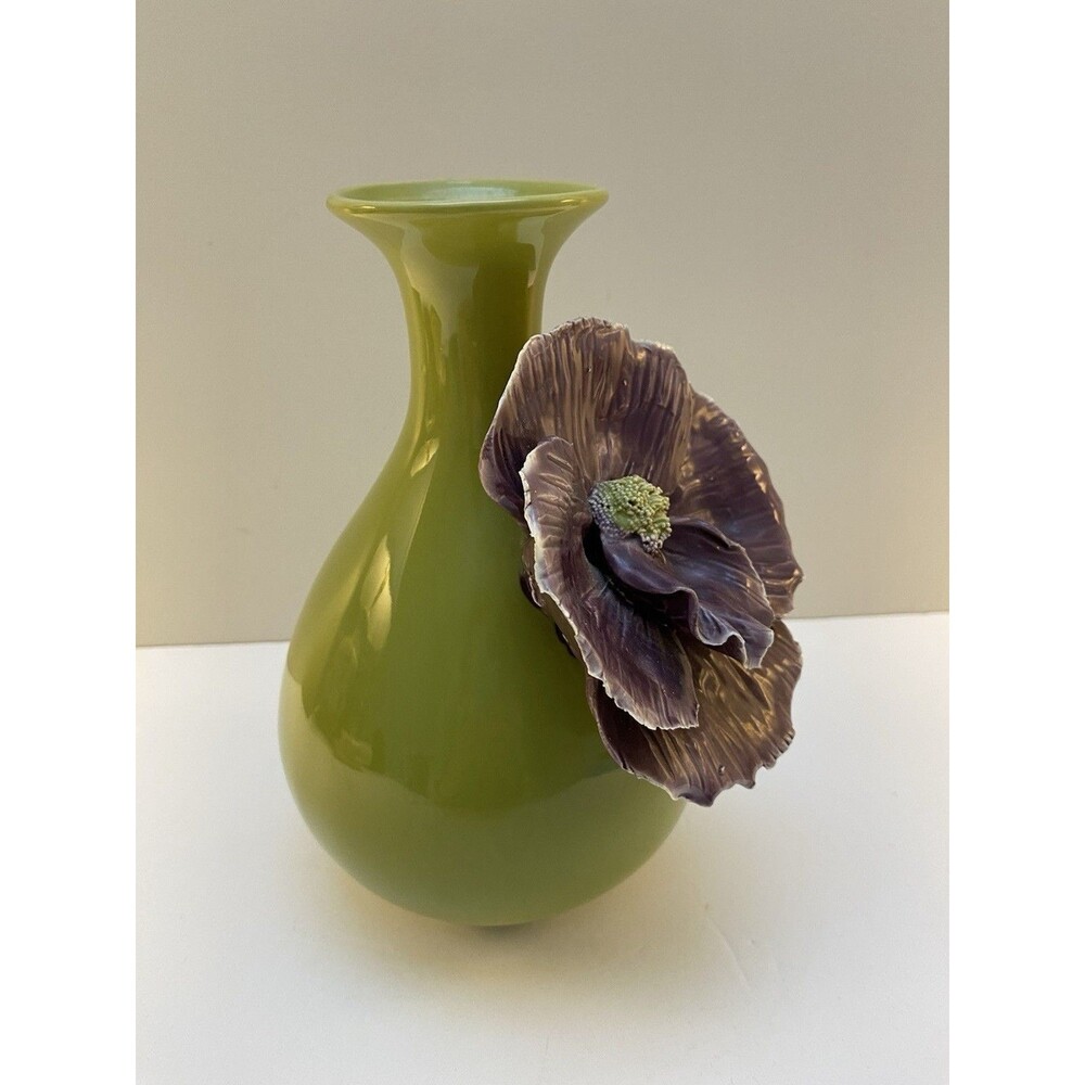 Anthropologie Rose of Sharon Bloom Chartreuse Green Vase Applied Purple Flower - Picture 3 of 6